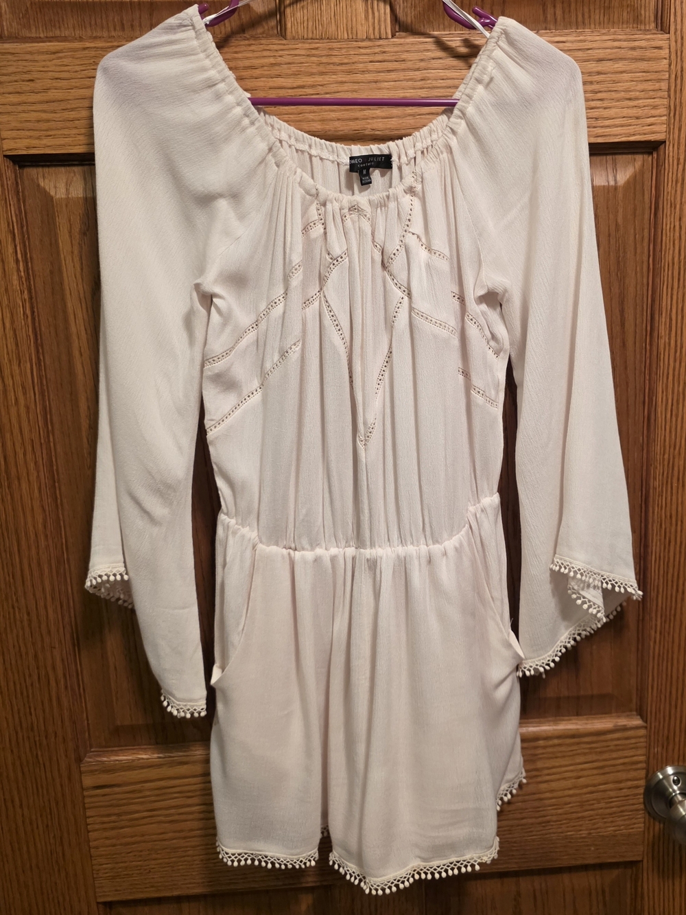 Romeo & Juliet Couture Cream Romper Long Bell Sleeve Crochet Pom Pom Trim L